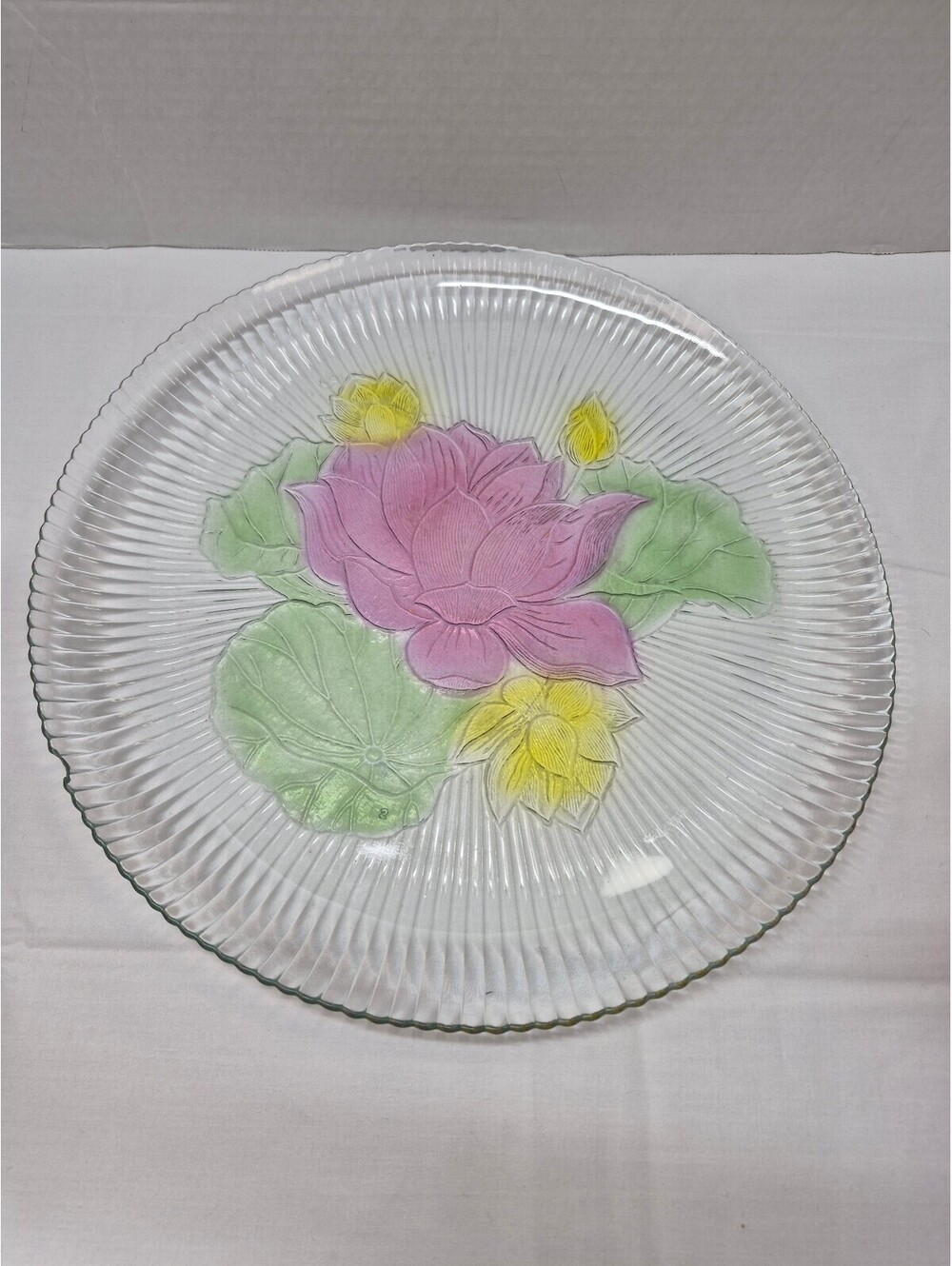 Vintage Glass Serving Platter with Lotus Design, 12-Inch Diameter J80